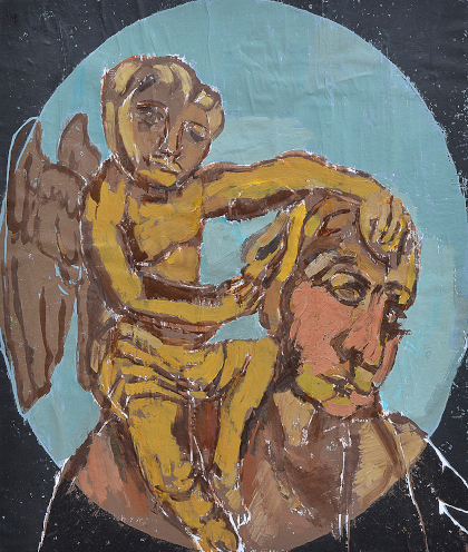 Martin Enderlein, »Genius 3«, 2019, Linoldruck übermalt auf Leinwand, 70 x 60 cm